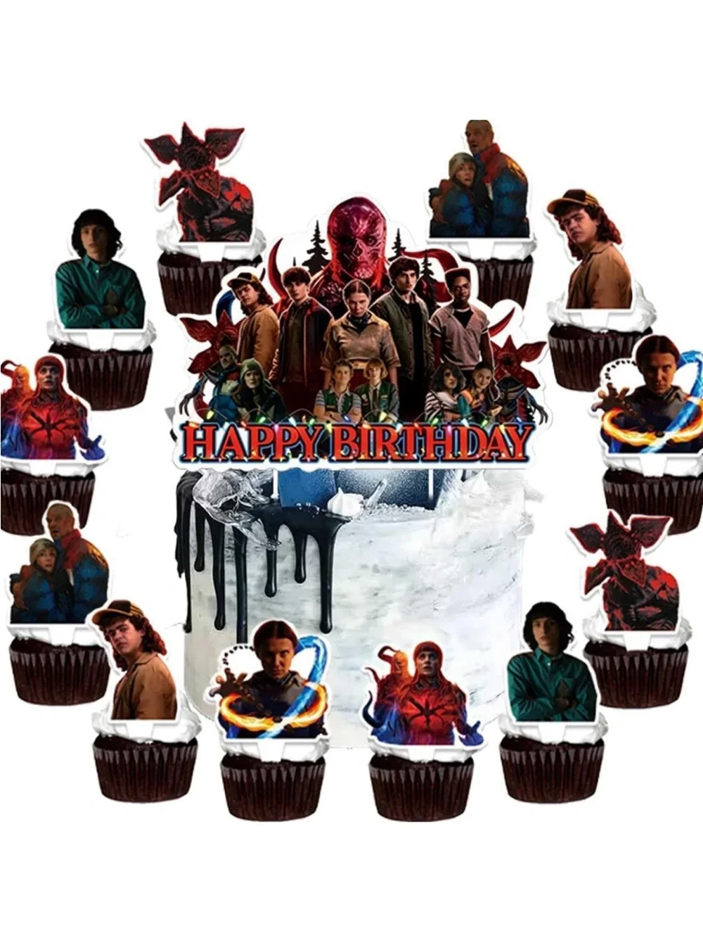 Stranger Things Happy Birthday Party Supplies Set - Red, Black, Orange